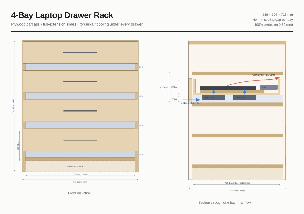 Front elevation and airflow section of the laptop drawer rack